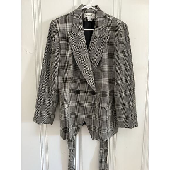 Vtg 90’s Christian Dior Black White Worsted Wool Houndstooth Jacket Blazer Belt - Picture 2 of 13